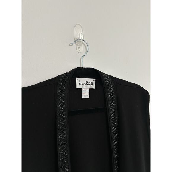 Joseph Ribkoff Vest Sweater Cardigan Leather Trim Witchy Goth Cascade Black 14 - Picture 2 of 9